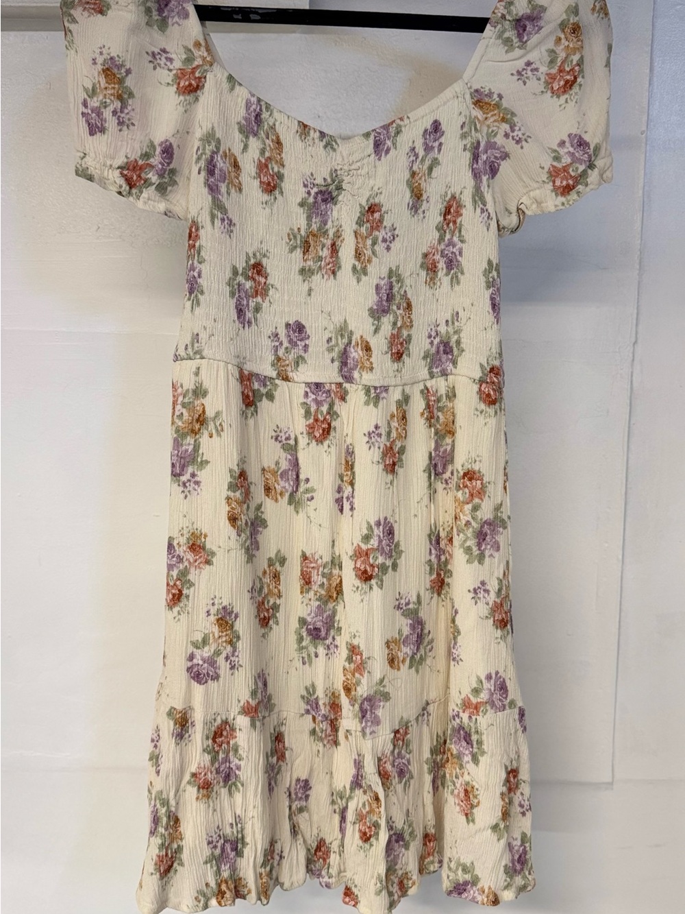 Cream Floral Mini Dress with Puff Sleeves